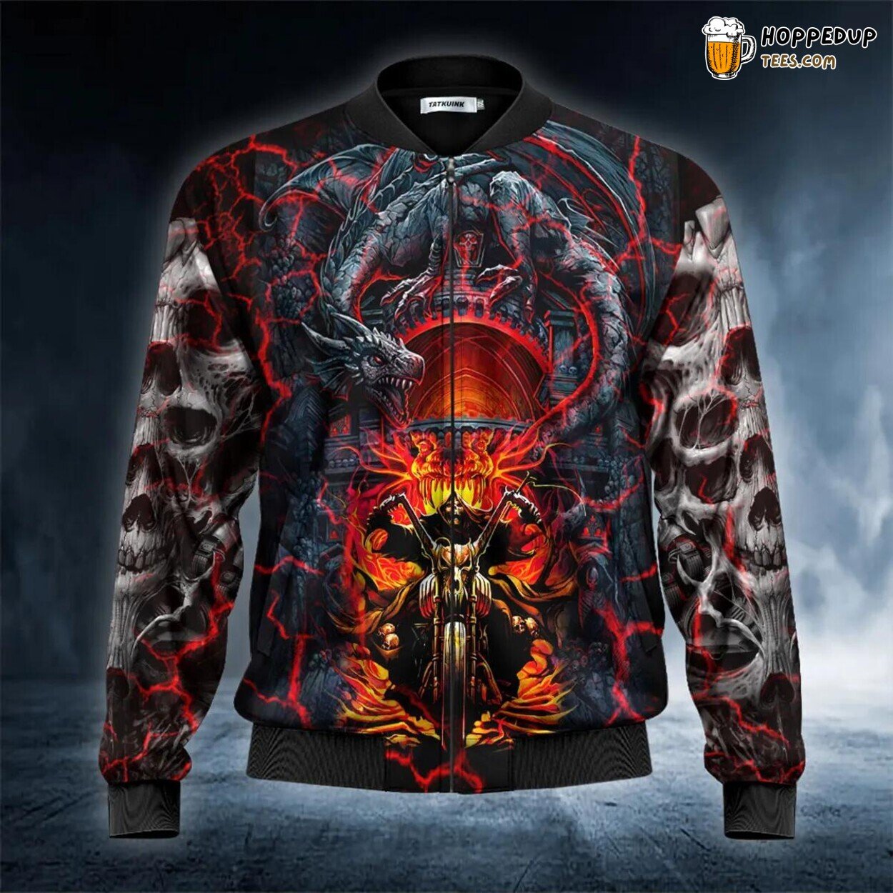 Dragon Lair Flame Biker Skull Exclusive Bomber Jacket 3D Print Viking Tees