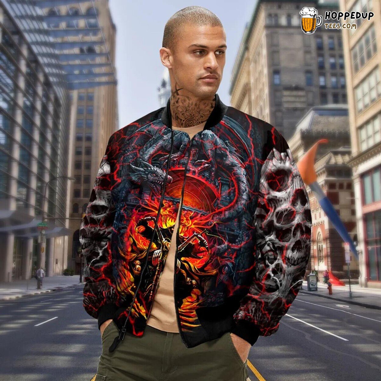 Dragon Lair Flame Biker Skull Exclusive Bomber Jacket 3D Print Viking Tees