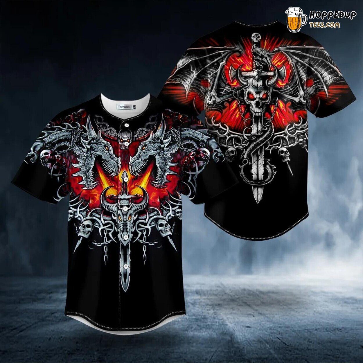 Dragon Sword Fire Skull Baseball Jersey Graphic Tees 3D Print Black Design