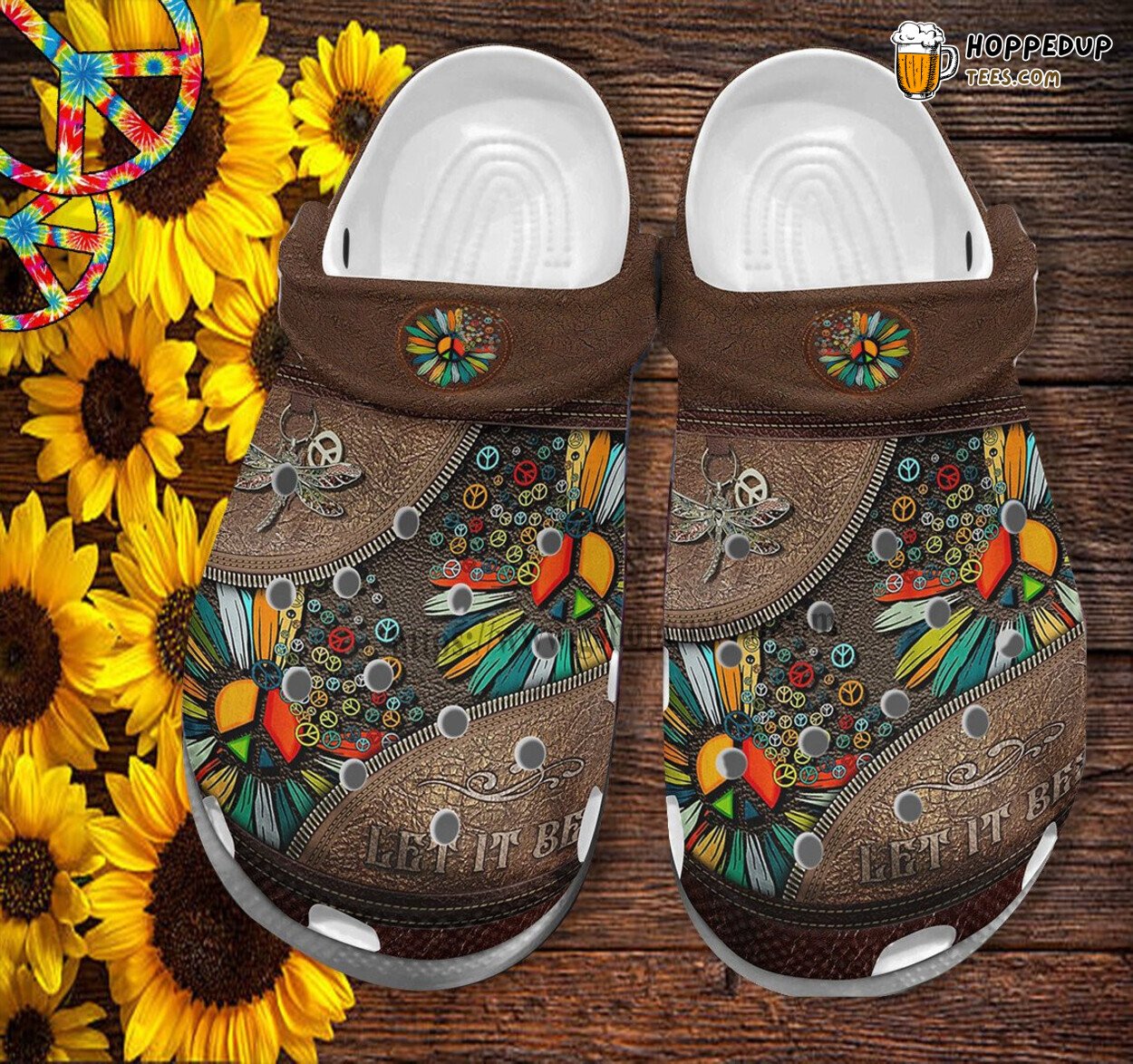 Dragonfly Hippie Daisy Peace Grandma Vintage Leather Croc Clogs