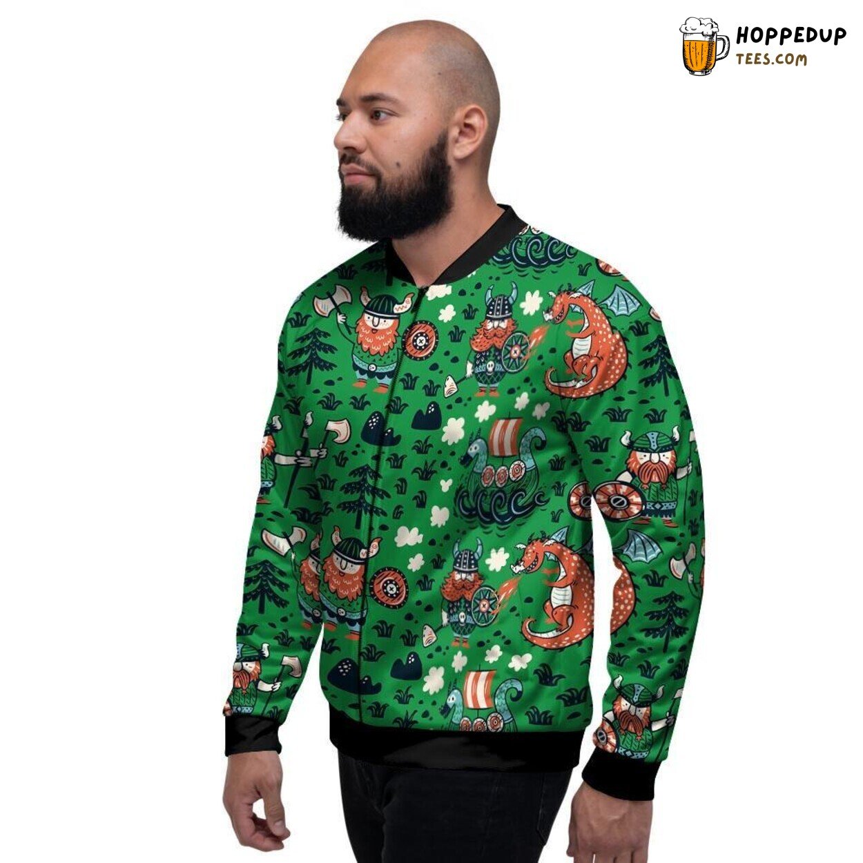 Drakkar Ship Meets Dragon Viking Display Men’s Bomber Jacket Nautical Dragon Art