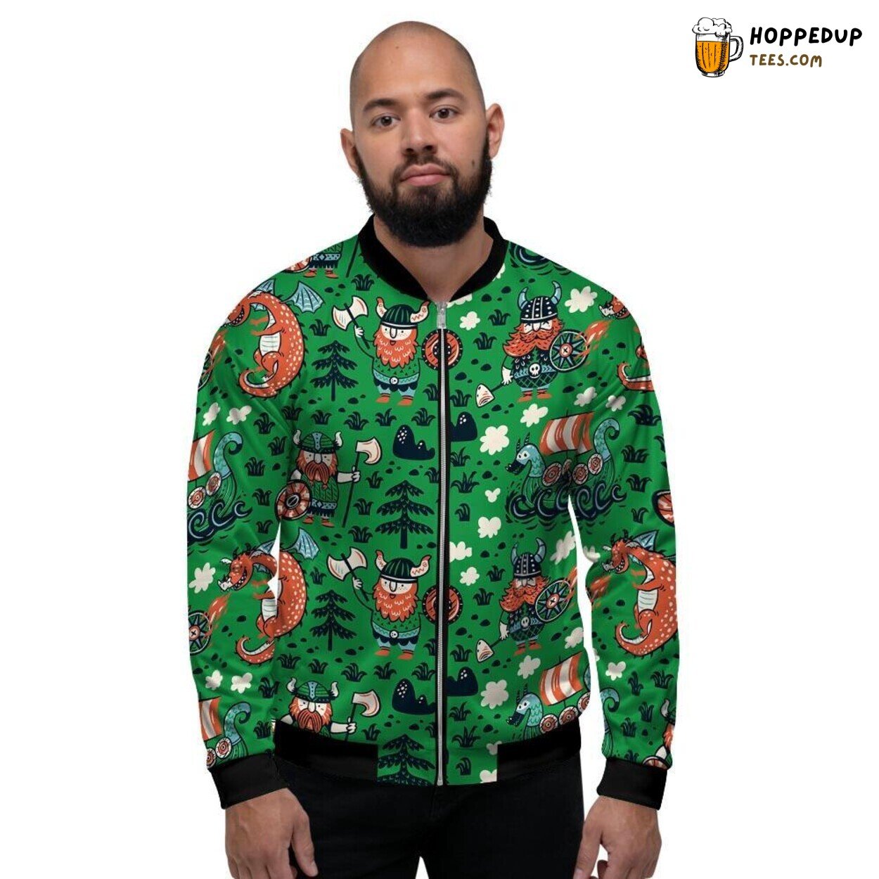 Drakkar Ship Meets Dragon Viking Display Men’s Bomber Jacket Nautical Dragon Art