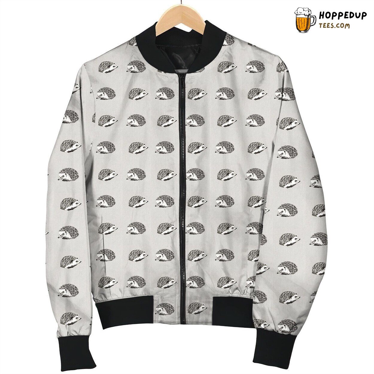Drawing Bloack Hedgehog On Grey Bomber Jacket
