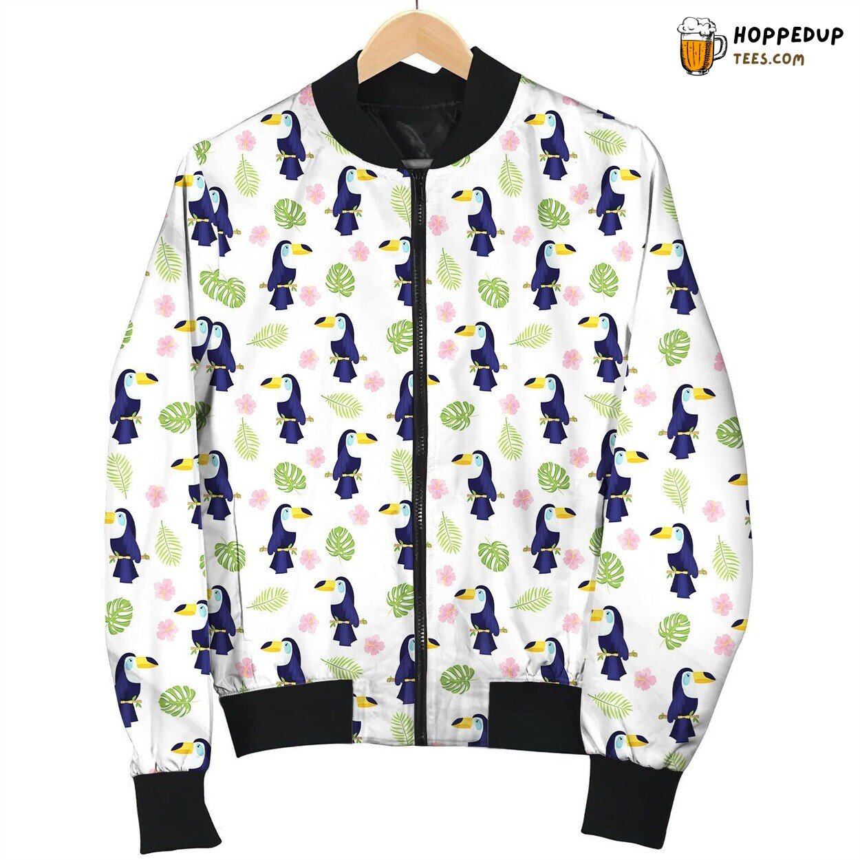Drawing Blue Toucan With Flower And Leaves Bomber Jacket