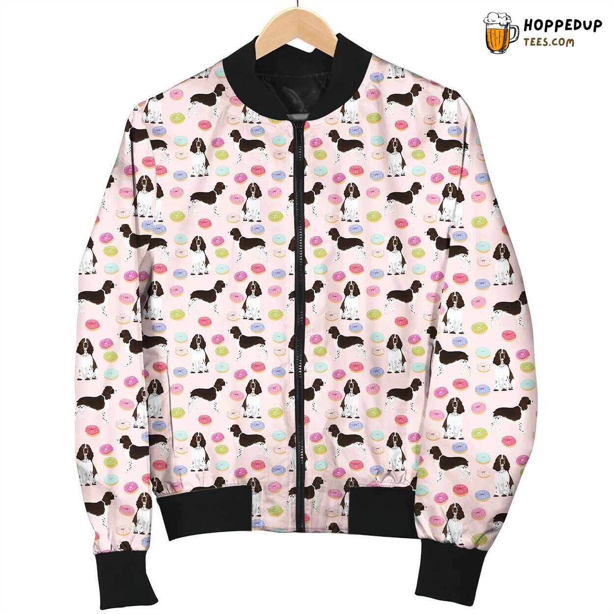 Drawing English Springer Spaniel Dod With Little Donut On Pink Background Bomber Jacket