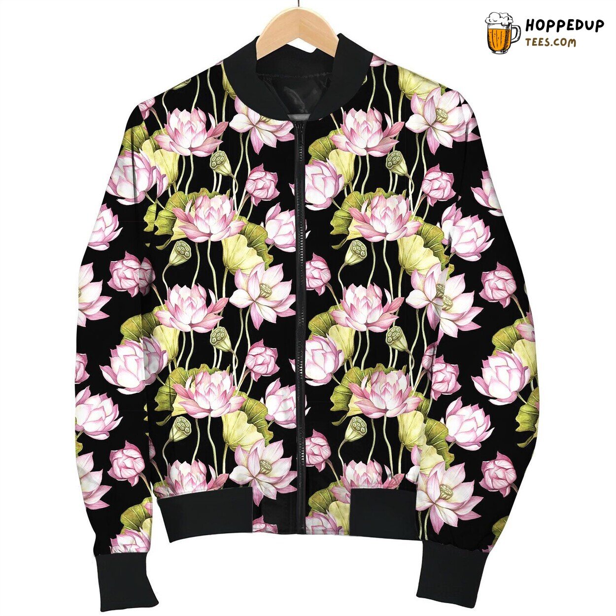 Drawing Lotus Texture On Black Flower Bomber Jacket