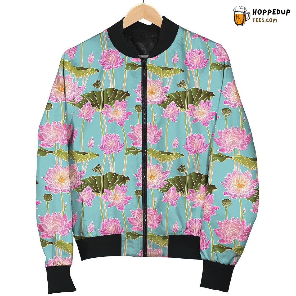 Drawing Pink Lotus On Green Bomber Jacket