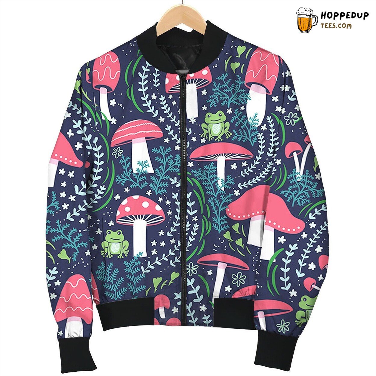 Drawing Red Mushroom And Green Frog With Plant Bomber Jacket
