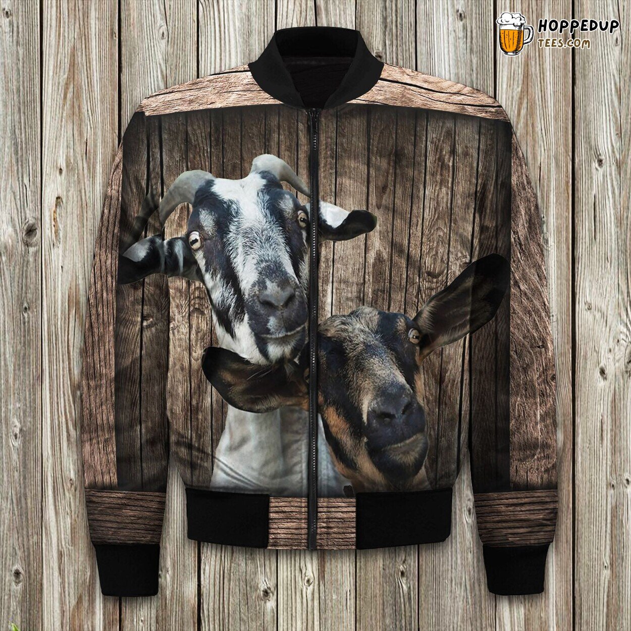 Dual Goat Graphic Winter Bomber Jacket Countryside Animal Charm