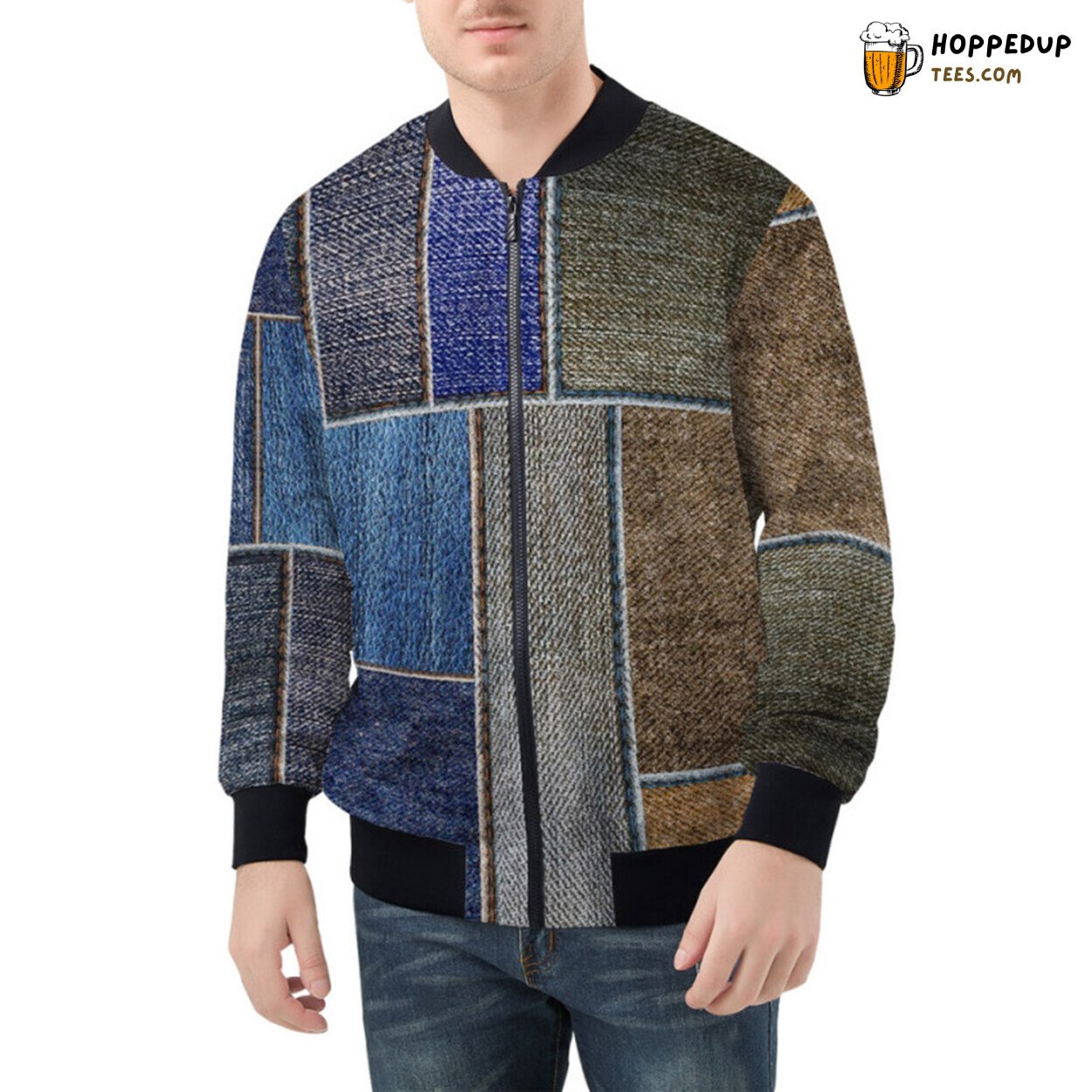 Dual Tone Denim Artfully Sewn Together in Patchwork Fashion Bomber Jacket