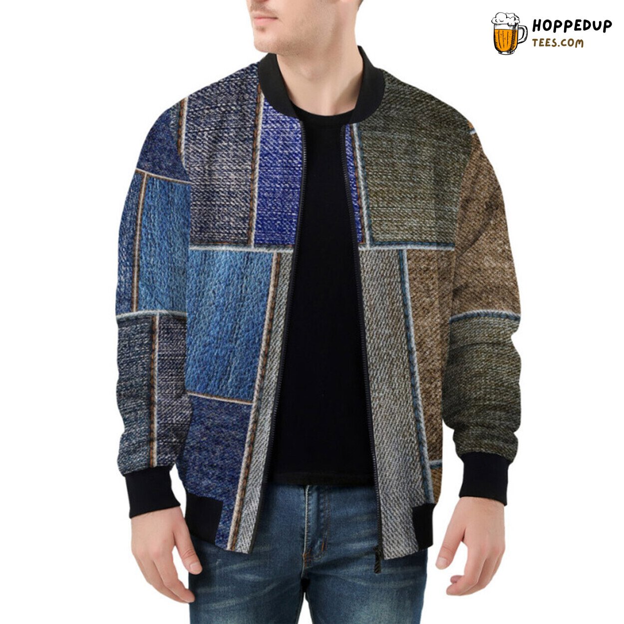 Dual Tone Denim Artfully Sewn Together in Patchwork Fashion Bomber Jacket