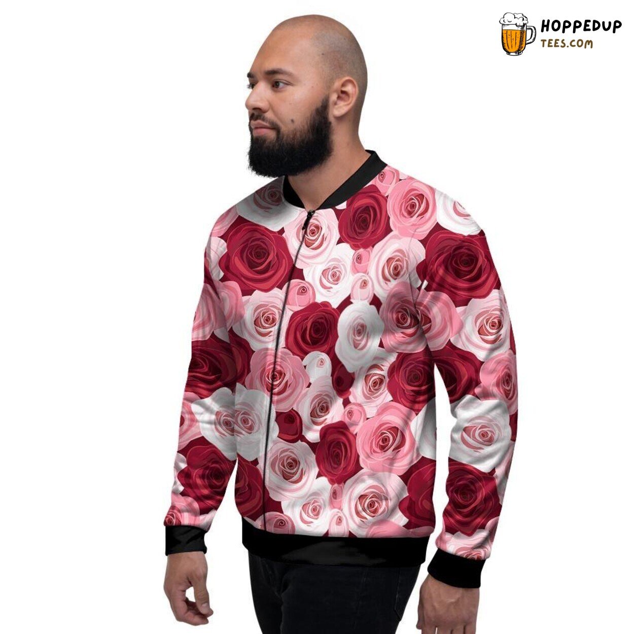 Dual Tone Red Pink Rose Floral Design Men’s Bomber Jacket Vibrant Blossom Look