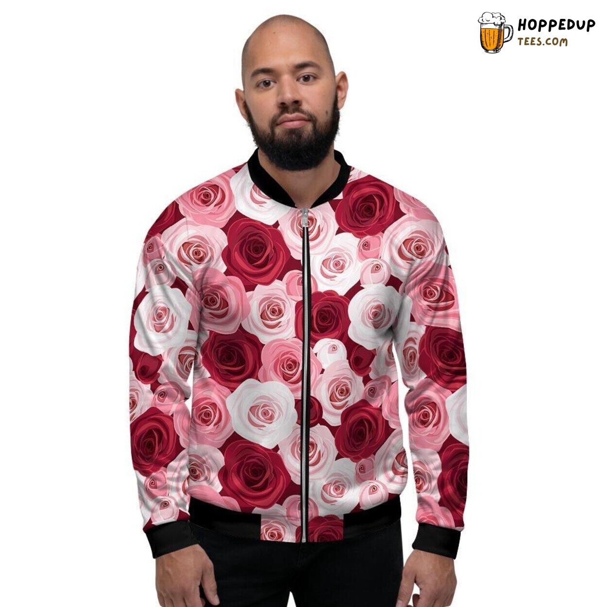 Dual Tone Red Pink Rose Floral Design Men’s Bomber Jacket Vibrant Blossom Look