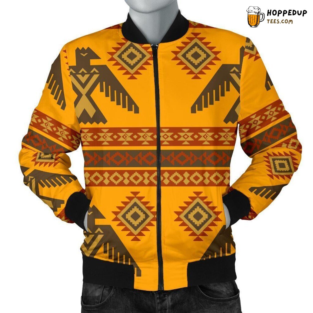 Eagle Tribute in Aztec Art Men’s Bomber Jacket Unique Design Pattern Display