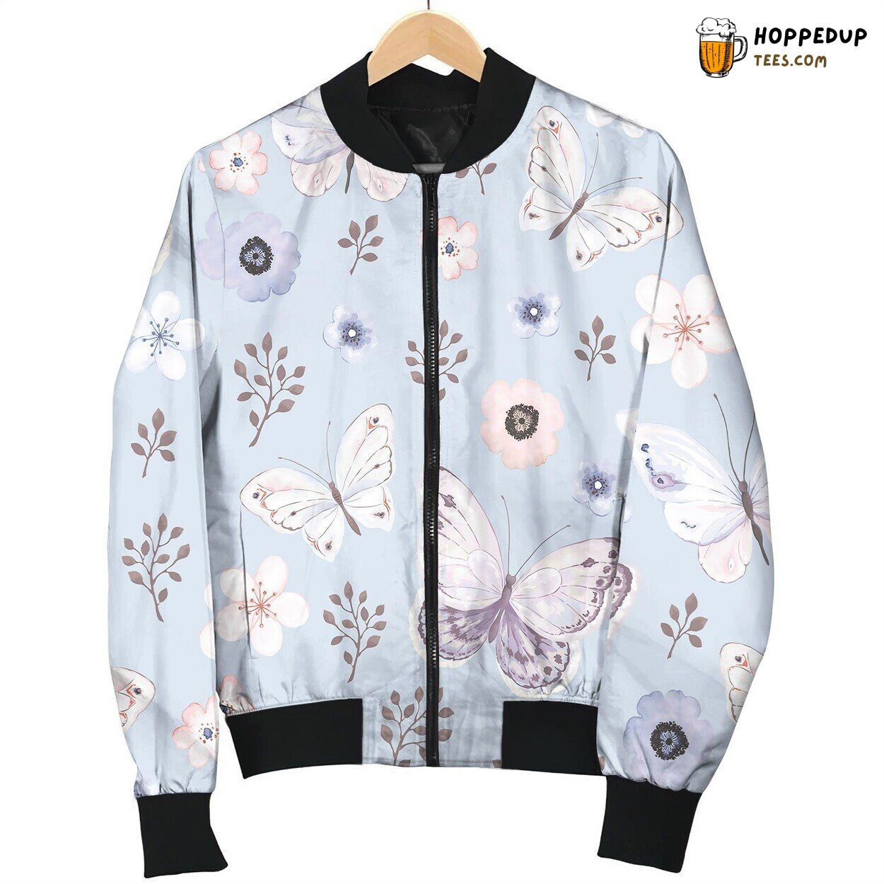 Eamless Pattern Flying Butterflies Flowers Blue Bomber Jacket