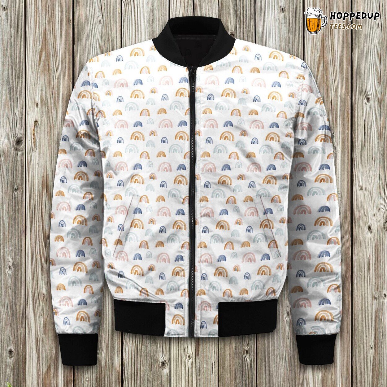 Earth Tones Winter Bomber Jacket Scattered Watercolor Rainbows Design