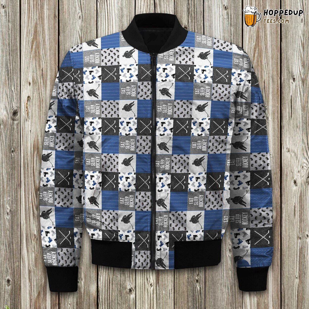 Eat Sleep Hockey Ice Hockey Patchwork Hockey Nursery Wholecloth Blue Grey Lad Bomber Jacket