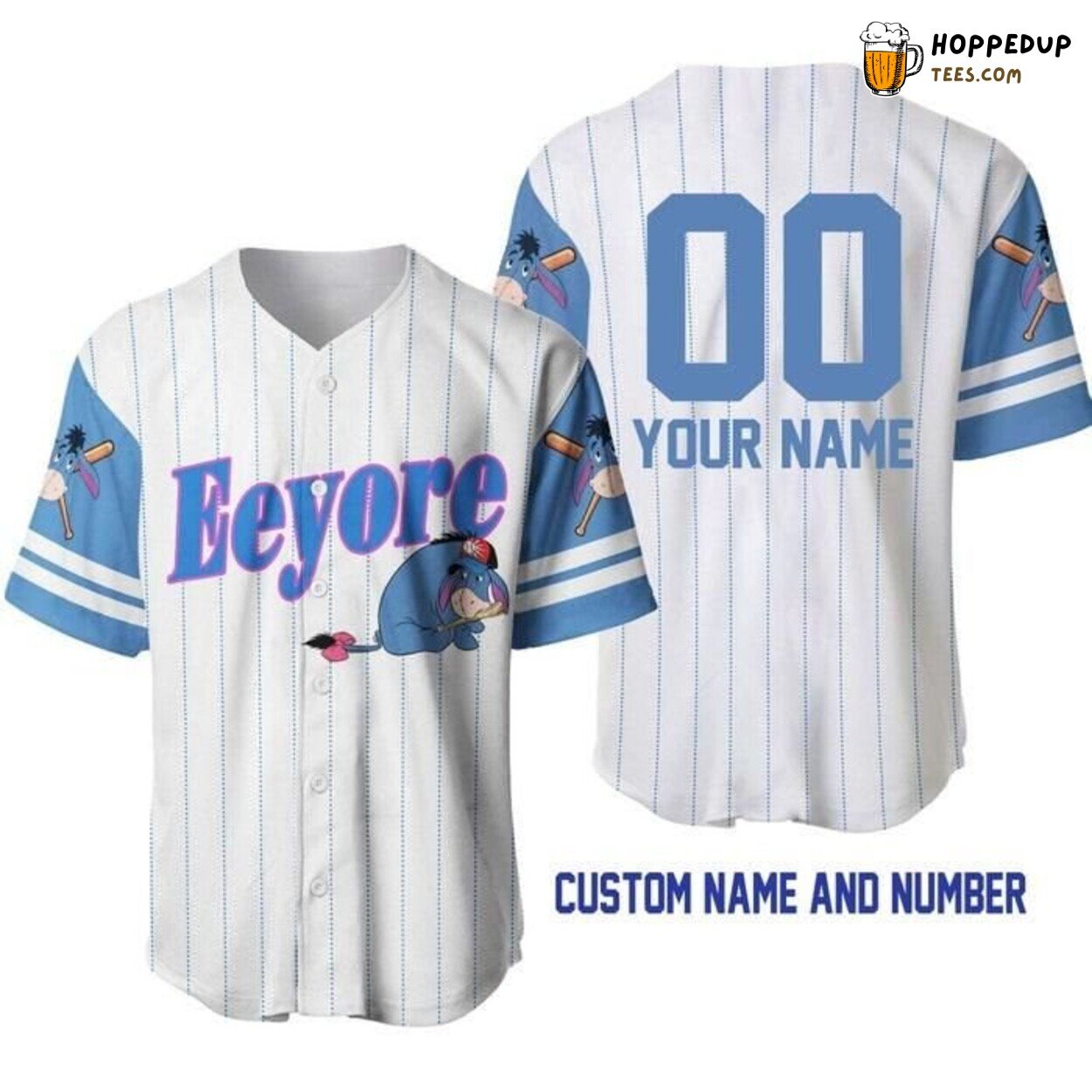 Eeyore Donkey Blue White Disney Casual Graphic Baseball Jersey