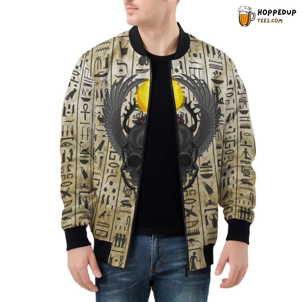 Egypt’s Majestic Winged Beetle & Skull Art Bomber Jacket for Trendsetters