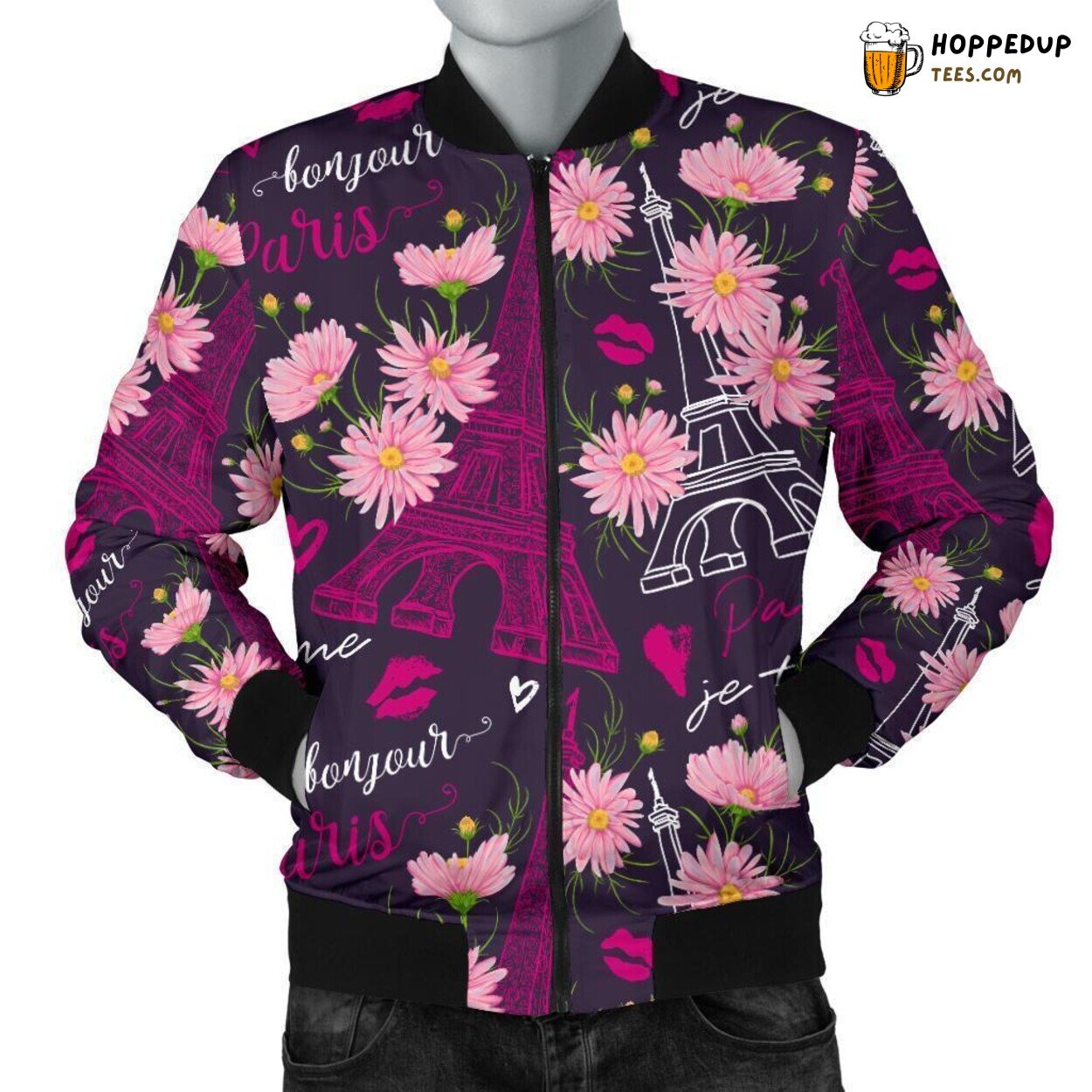 Eiffel Tower Amidst Floral Blooms Men’s Bomber Jacket Unique Design Pattern