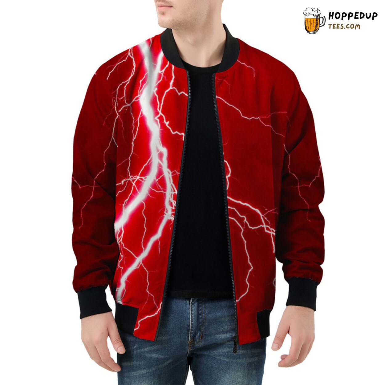 Electric Fury of Red Lightning Strikes Men’s Bomber Jacket