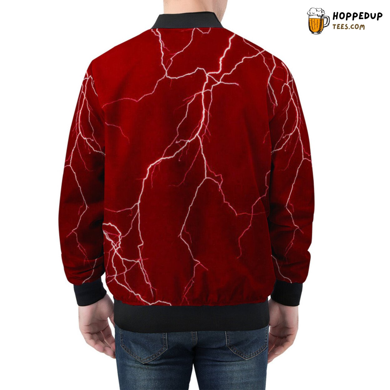 Electric Fury of Red Lightning Strikes Men’s Bomber Jacket