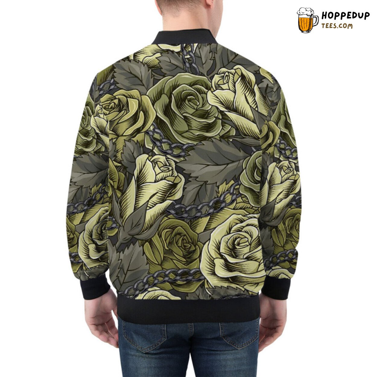 Elegant Bomber Jacket Displaying Blooming Green Roses Pattern