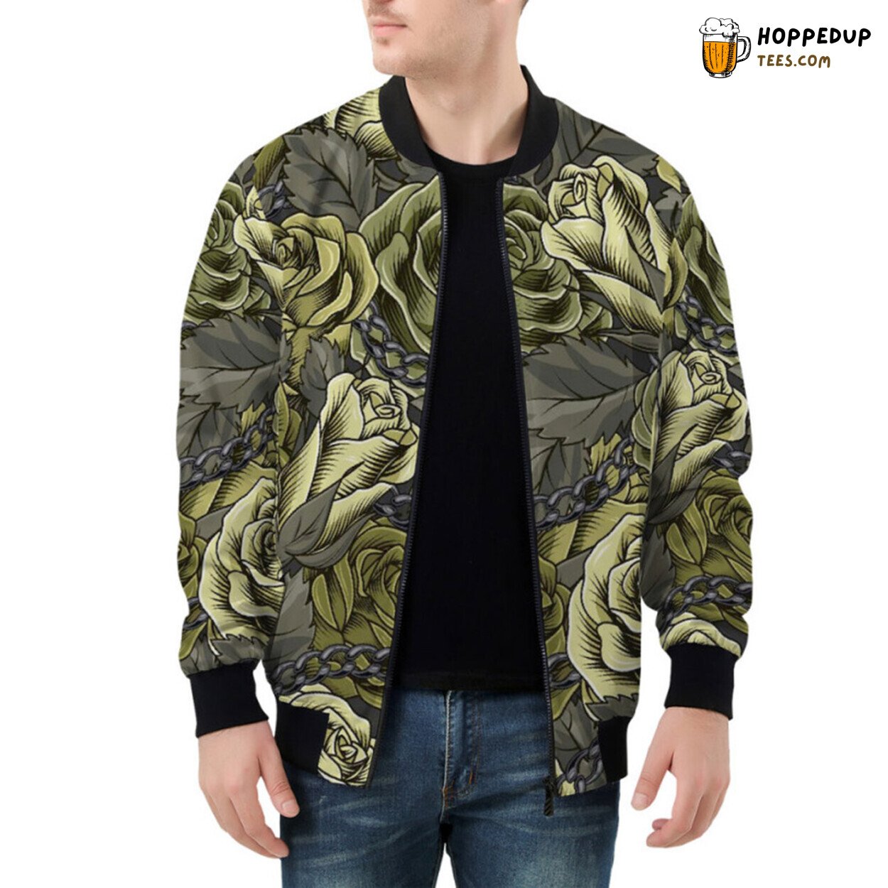 Elegant Bomber Jacket Displaying Blooming Green Roses Pattern