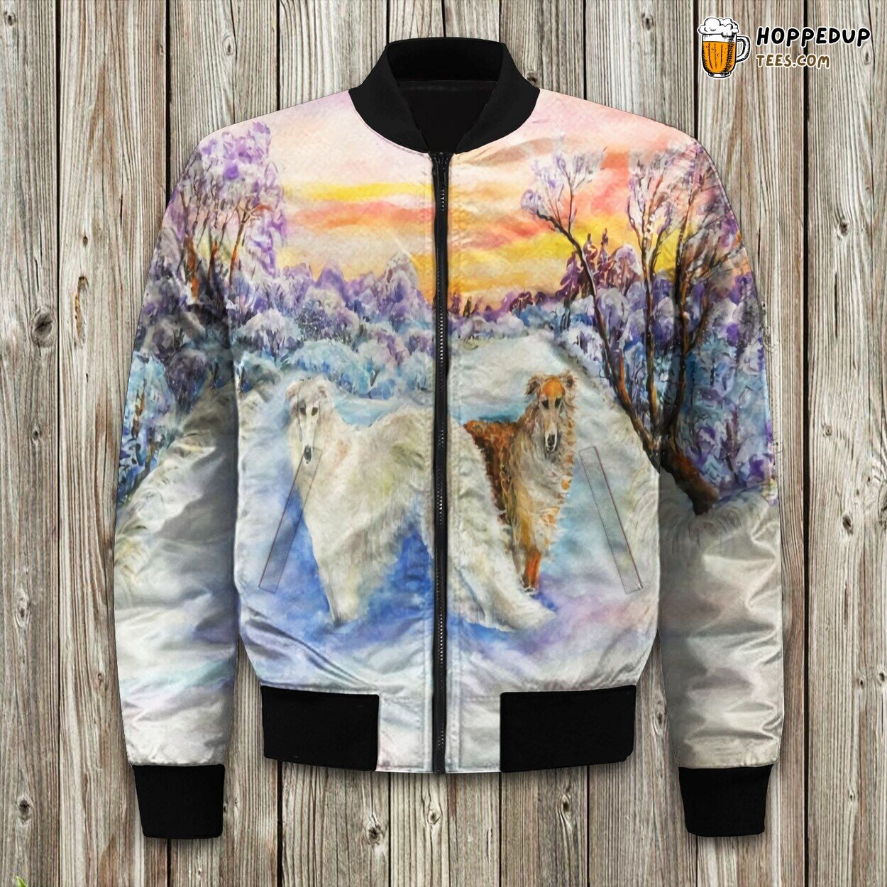Elegant Borzoi Dog Winter Bomber Jacket Slender Canine Grace Displayed