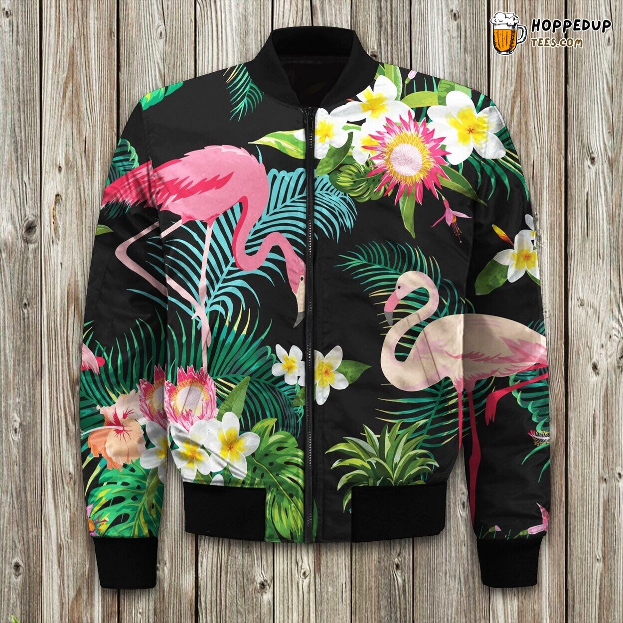 Elegant Flamingo Pose Winter Bomber Jacket Tropical Elegance in Cool Winds