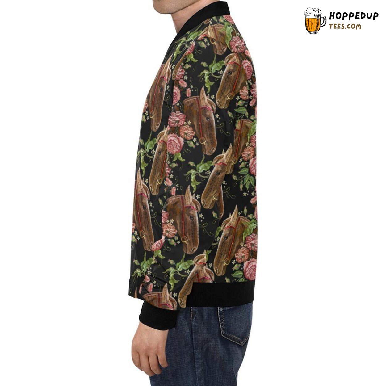 Elegant Horse Rose Pattern Printed Men’s Stylish Bomber Jacket