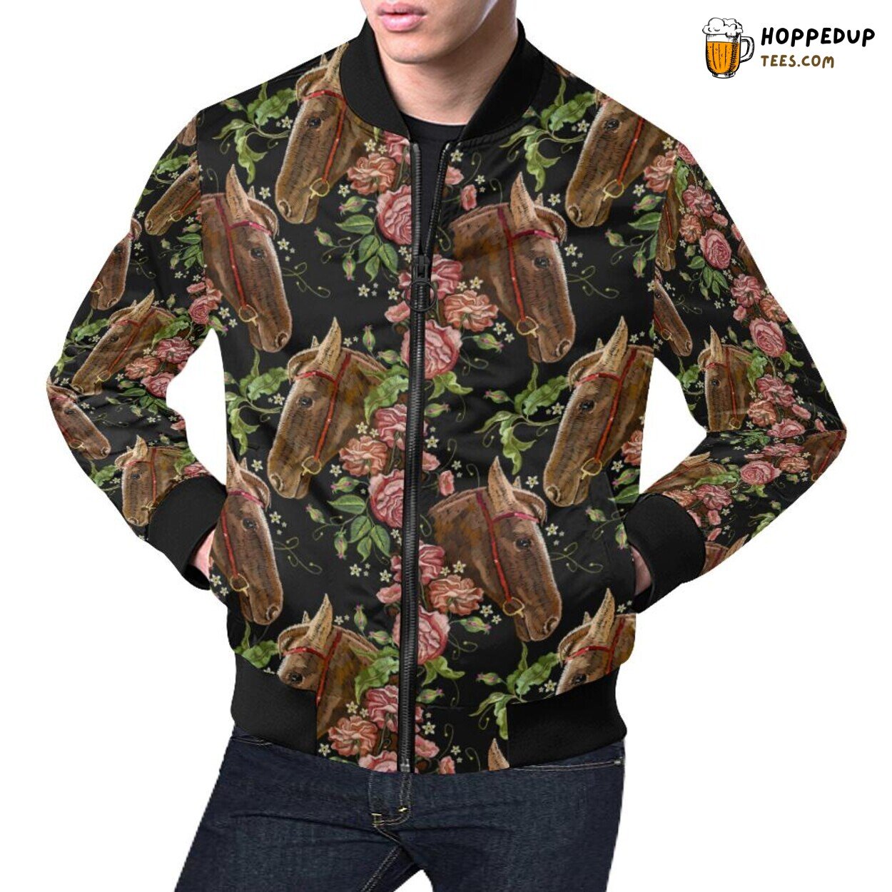 Elegant Horse Rose Pattern Printed Men’s Stylish Bomber Jacket