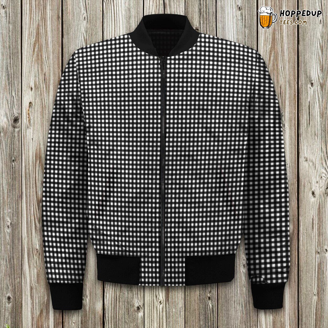 Elegant Houndstooth Pattern Bomber Winter Jacket Black White Coat