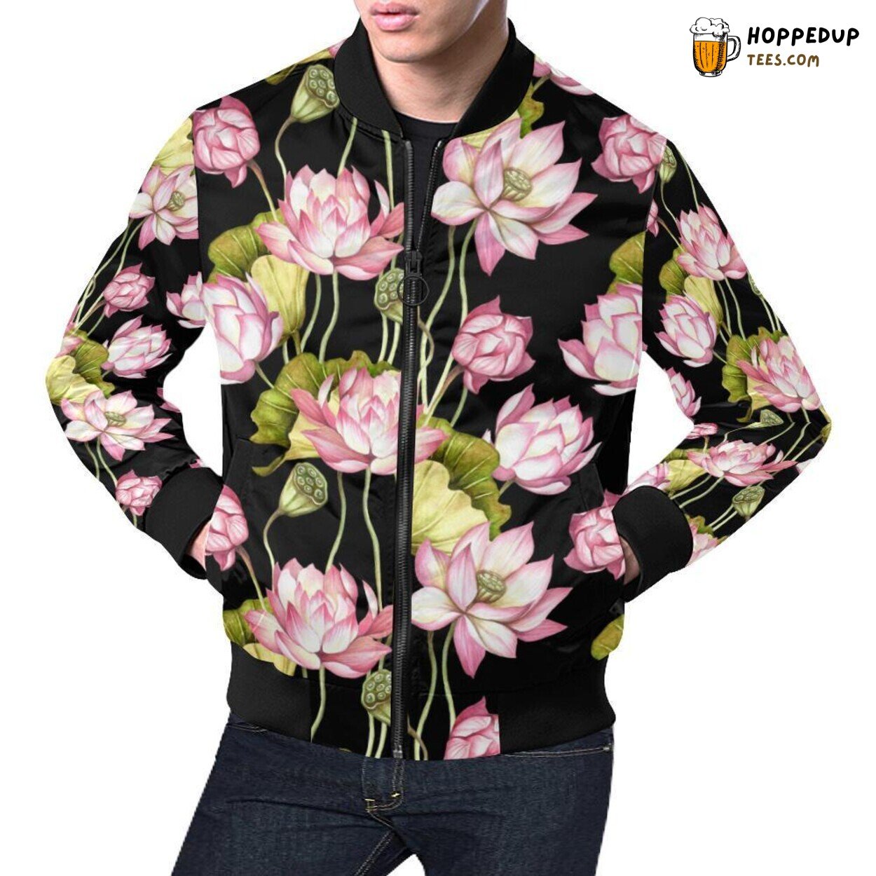 Elegant Lotus Print Pattern Design Men’s Trendsetting Bomber Jacket