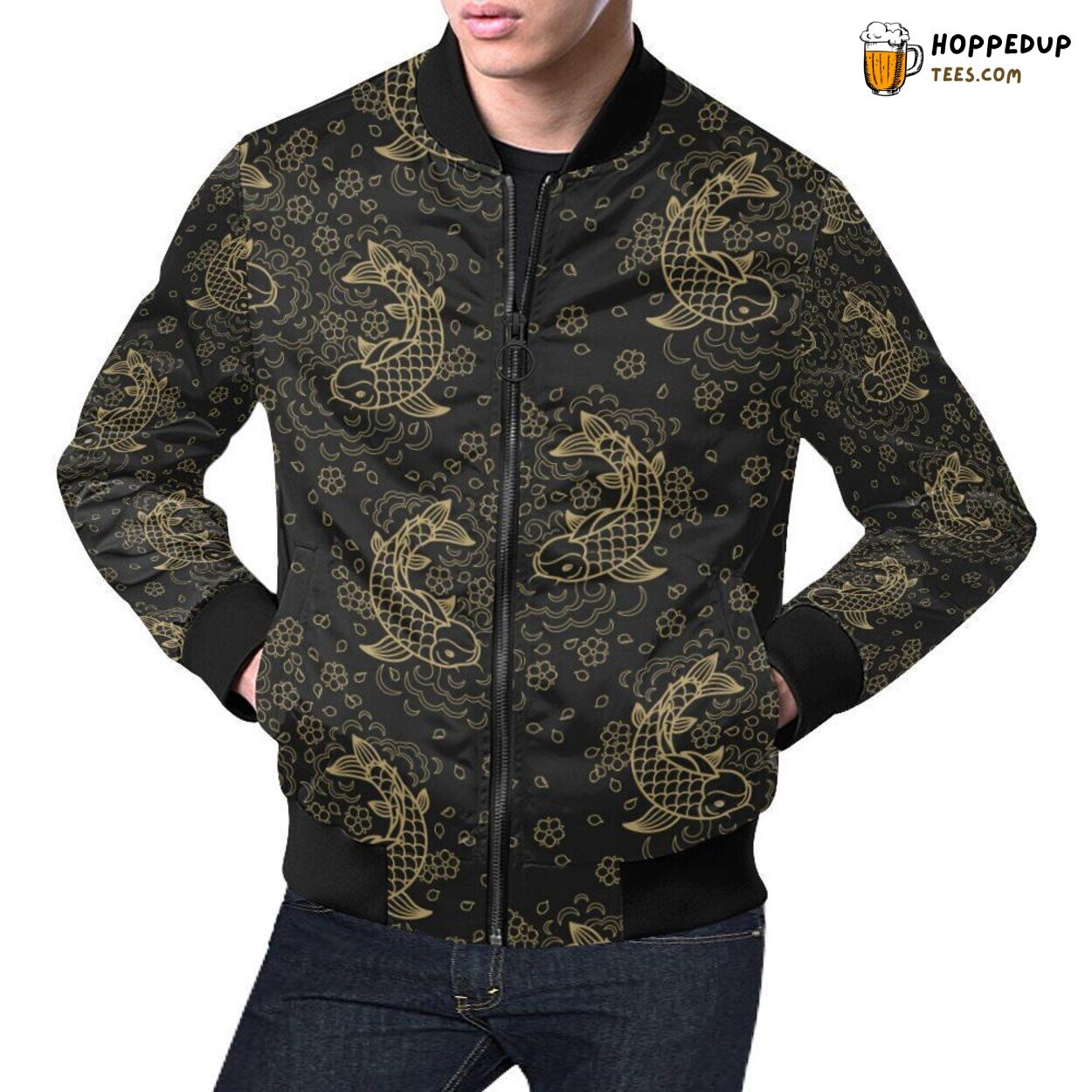 Elegant Men’s Bomber Jacket with Distinctive Koi Fish Pattern Print