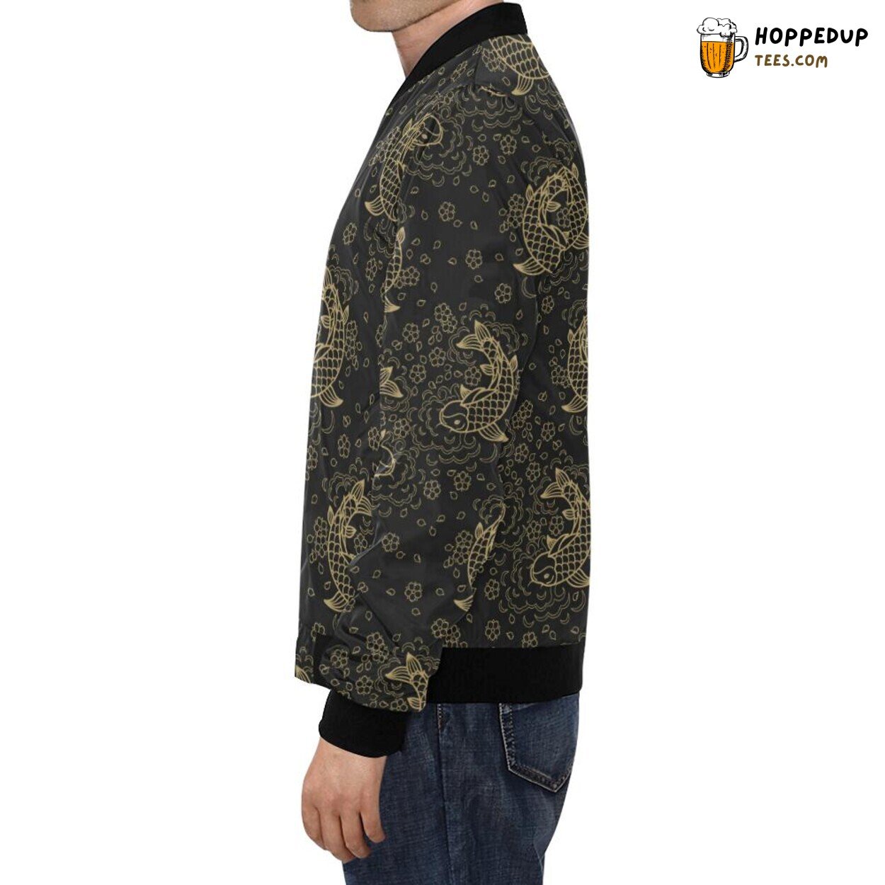 Elegant Men’s Bomber Jacket with Distinctive Koi Fish Pattern Print
