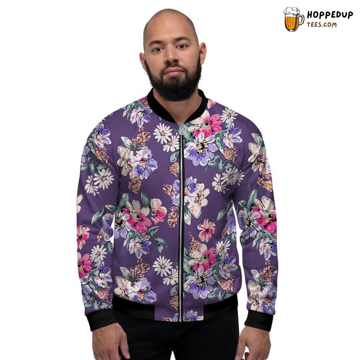 Elegant Purple Floral Print Design Men’s Bomber Jacket Blossom Pattern Look