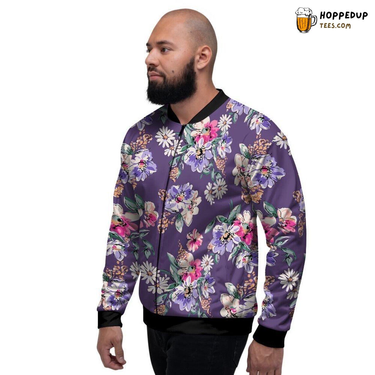 Elegant Purple Floral Print Design Men’s Bomber Jacket Blossom Pattern Look