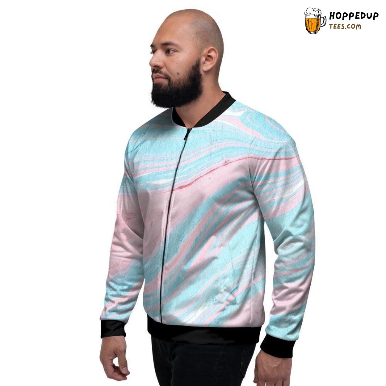 Elegant Rainbow Marble Pattern Design Men’s Bomber Jacket Color Fusion Fashion
