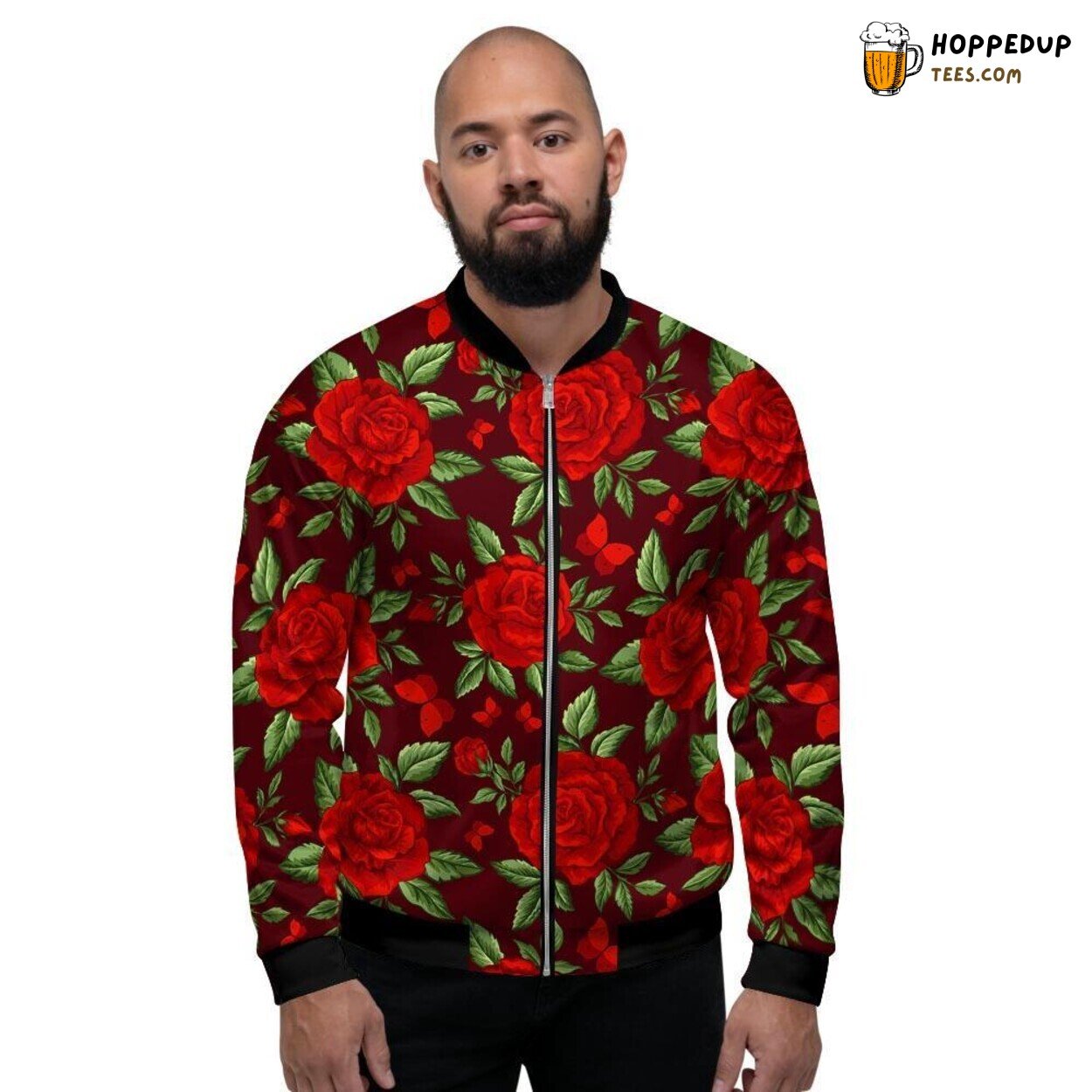 Elegant Red Rose Flower Graphic Design Men’s Bomber Jacket Floral Fashion