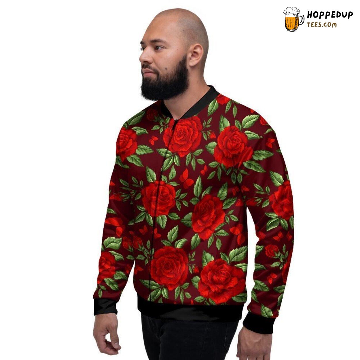 Elegant Red Rose Flower Graphic Design Men’s Bomber Jacket Floral Fashion