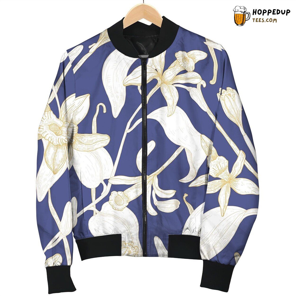 Elegant Seamless Pattern With Blooming Vanilla Bomber Jacket