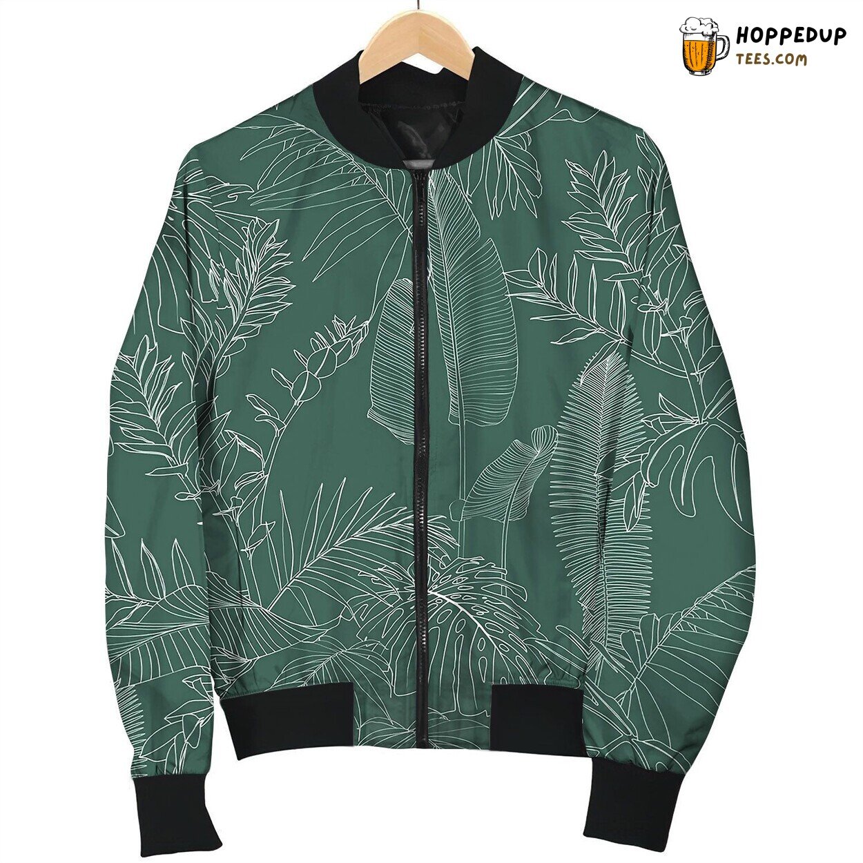Elegant Seamless Pattern With Green Line Leaves Bomber Jacket