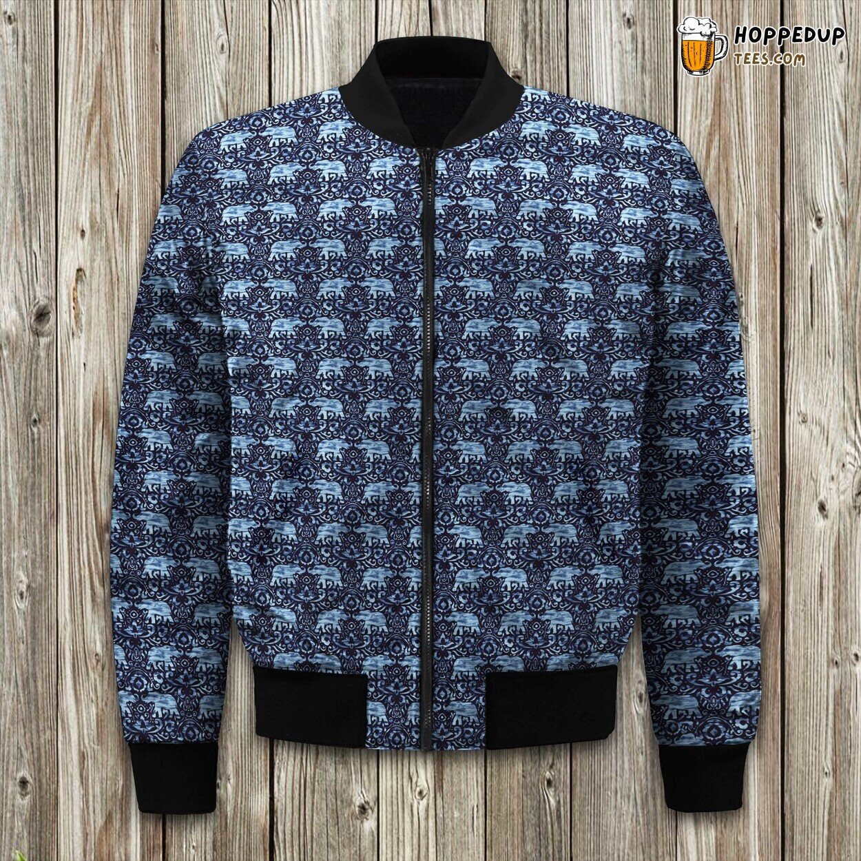 Elephant Damask Watercolor Navy Animal Bomber Jacket