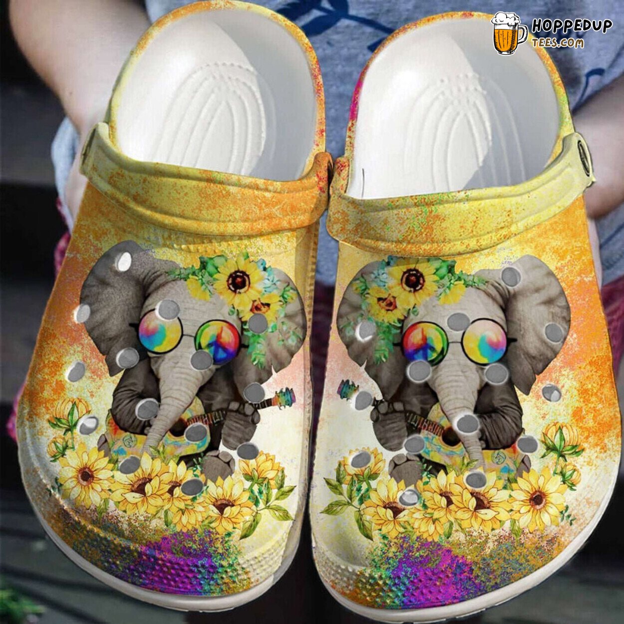 Elephant Sunflower Hippie Themed Rubber Clog Shoes Comfy Footwear for Fans