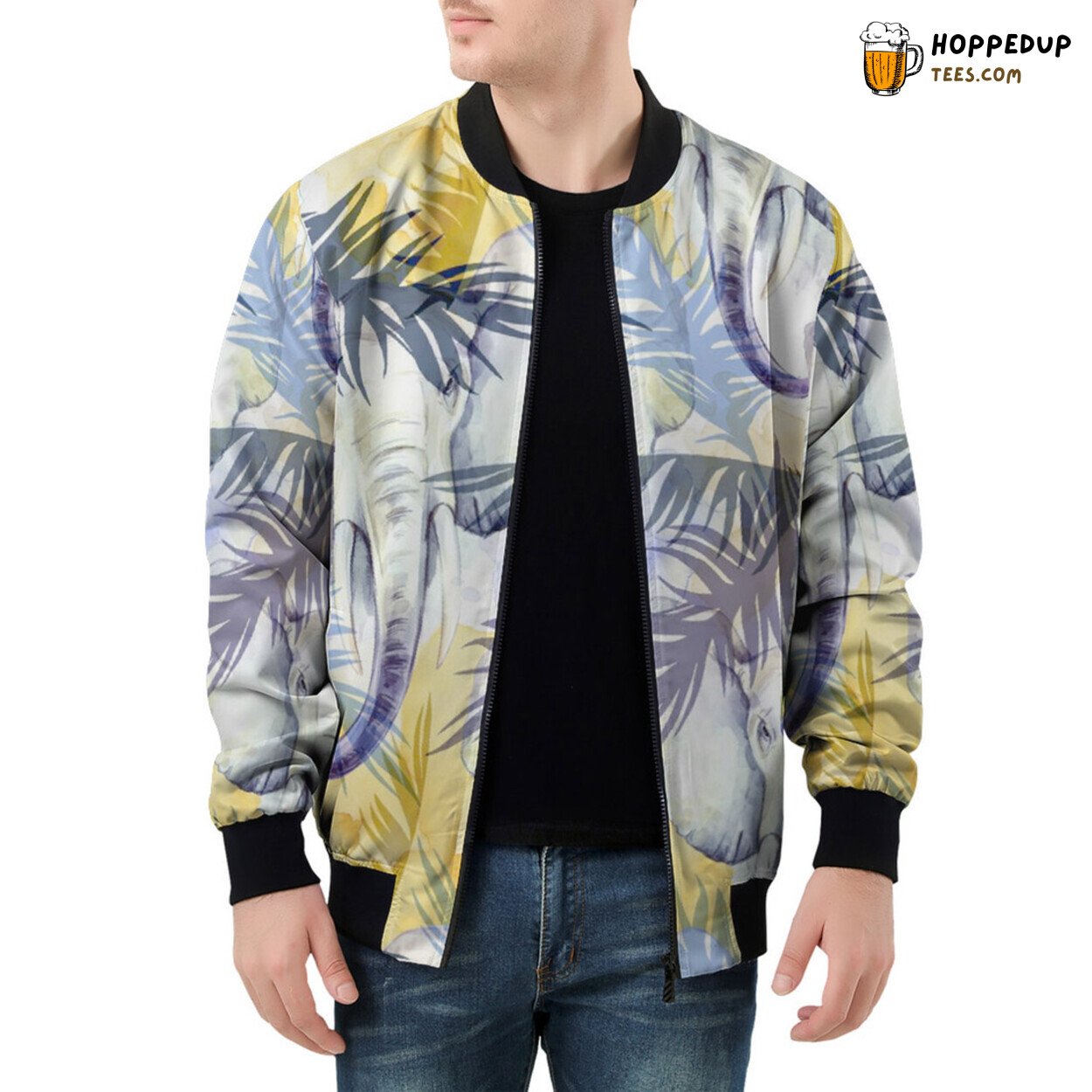 Elephants Amidst Vibrant Tropical Leaves Men’s Bomber Jacket Story