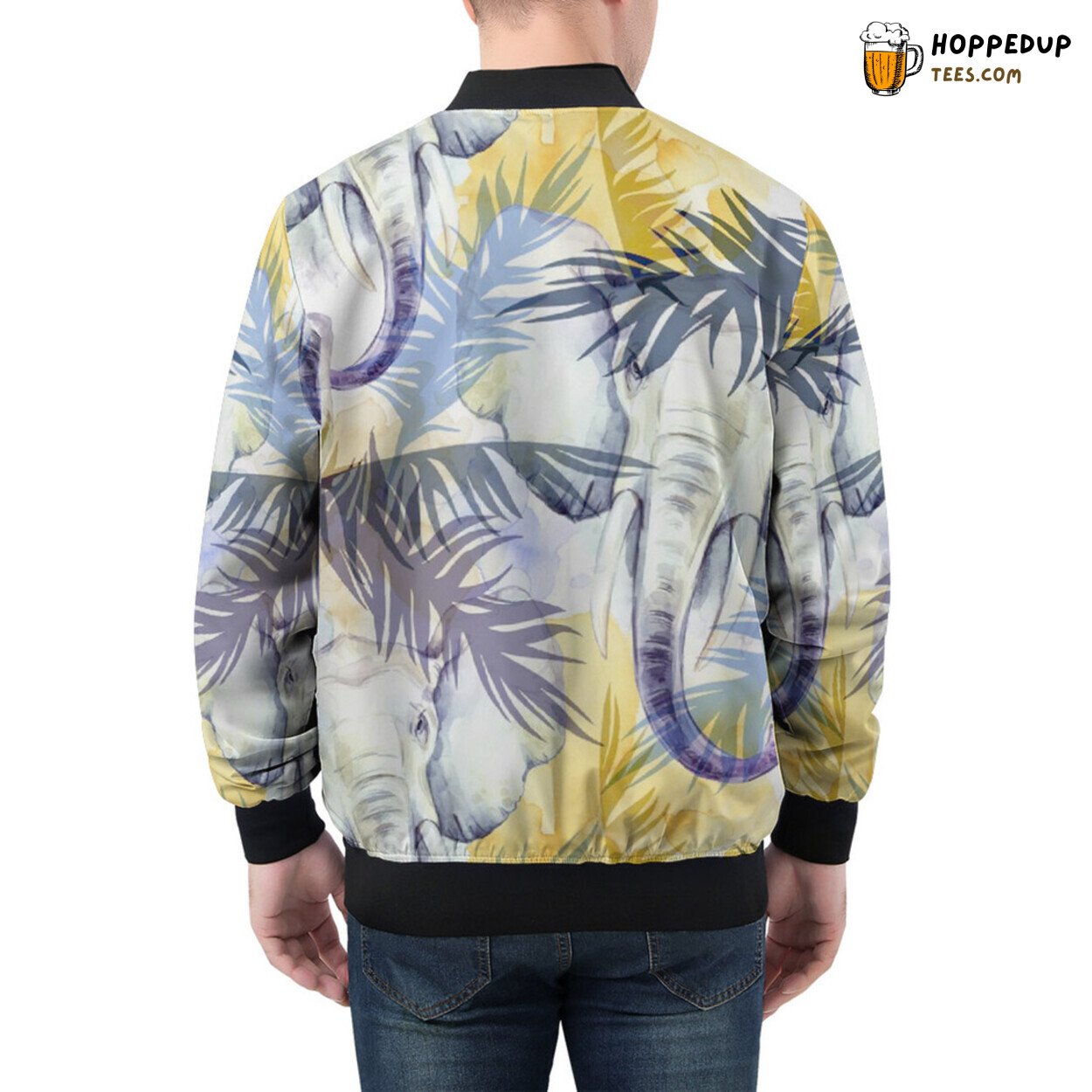 Elephants Amidst Vibrant Tropical Leaves Men’s Bomber Jacket Story