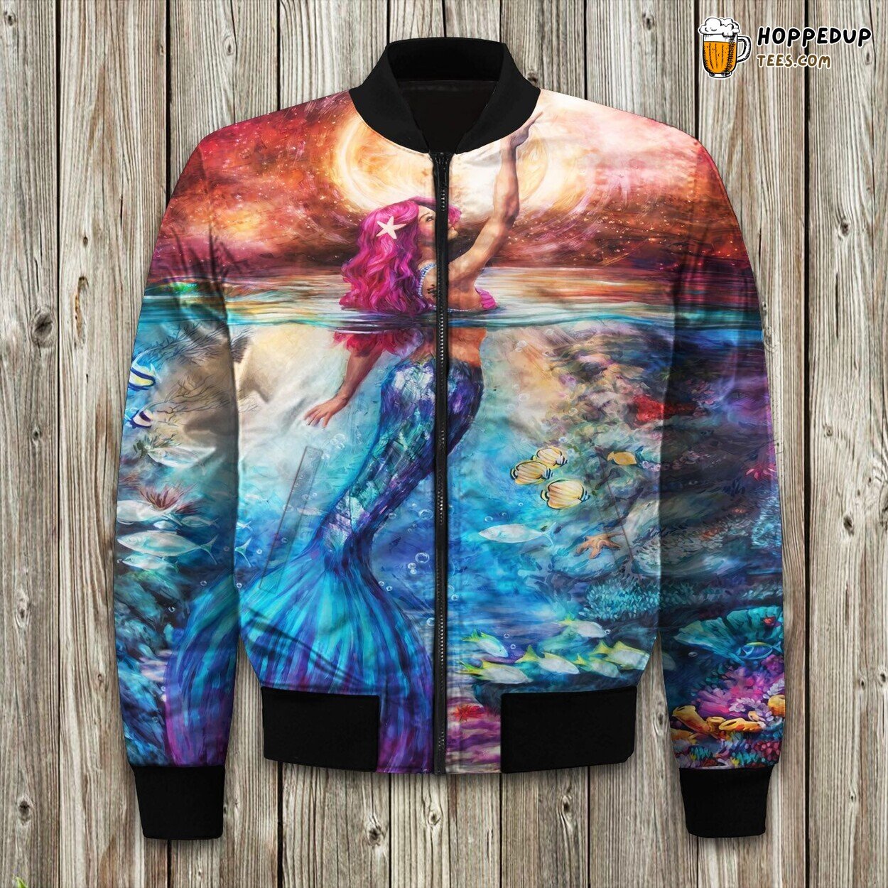 Enchanting Mermaid Theme Winter Bomber Jacket Oceanic Fantasy Elegance