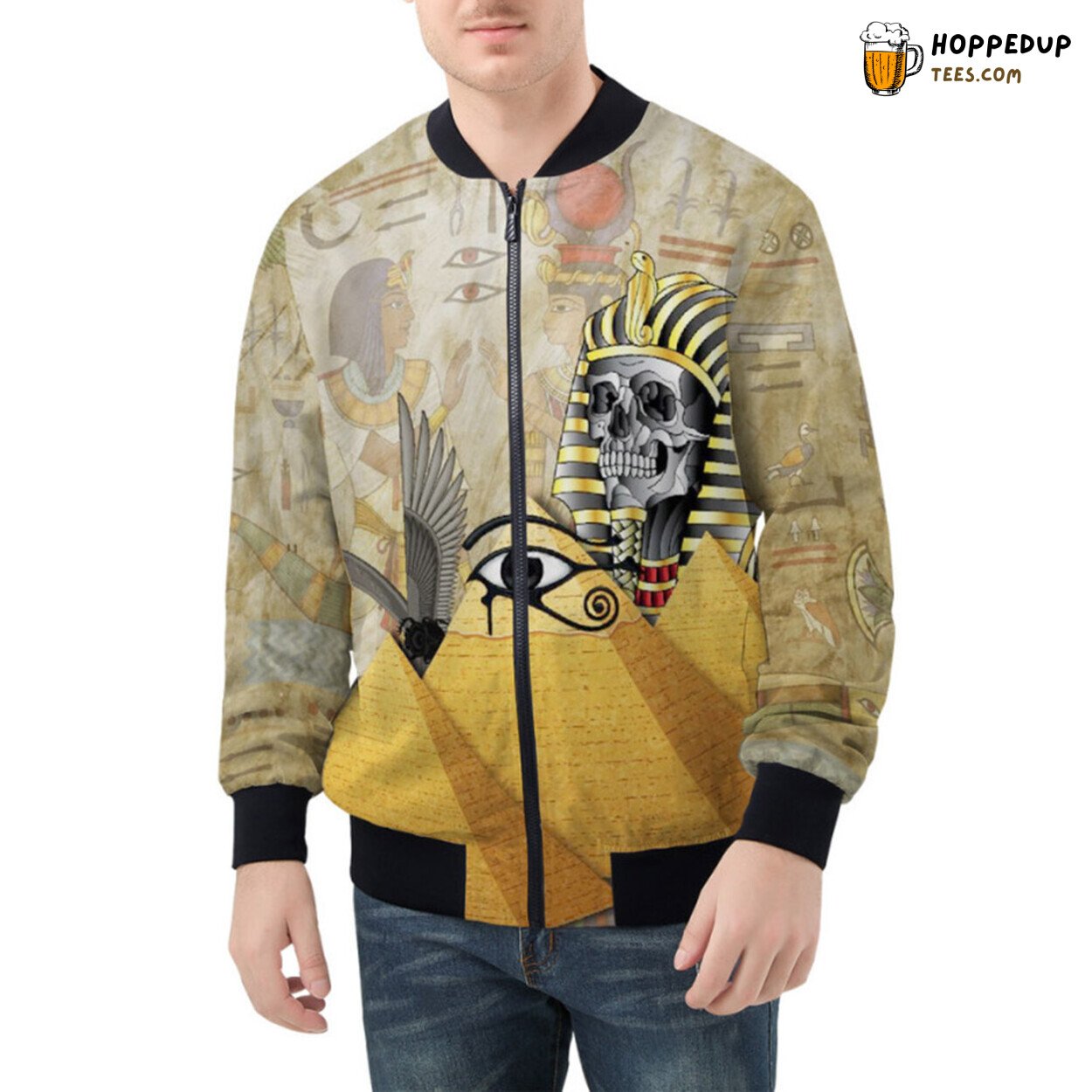 Enigmatic Aura of Egypt Displayed Through Skull Pharaoh Bomber Jacket