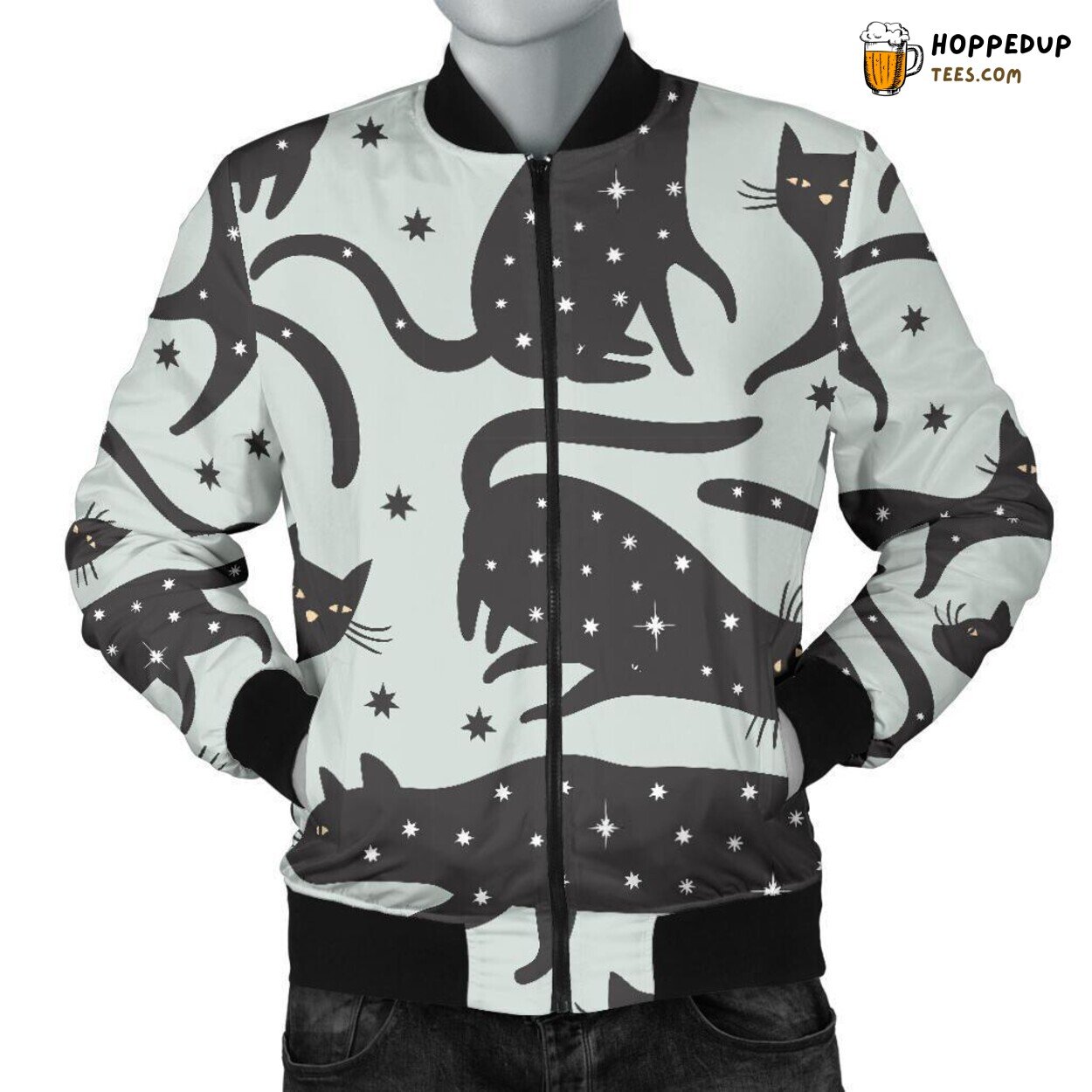 Enigmatic Black Cat Gaze Men’s Bomber Jacket Unique Pattern Essence Tribute